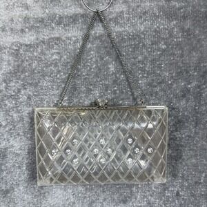 Vintage 1950s Clear Lucite Clutch Purse Diamond Carved Pattern Rhinestones‎